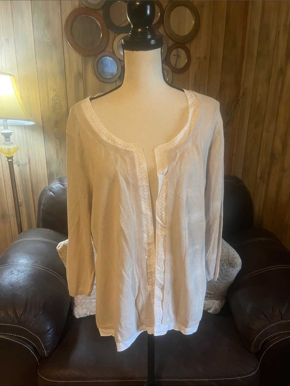 Coldwater Creek Beige Linen Cotto  Knit Open Front Embroidered Neckline Cardigan